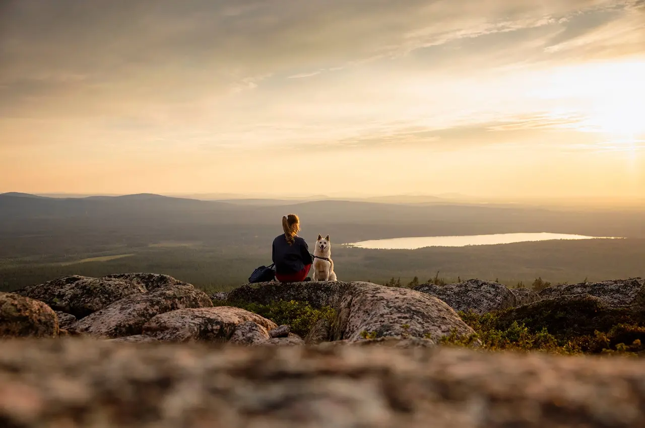 Salla national park, sitting on the top of the mountain with her dog looking at the view Photo: Harri Tarvainen