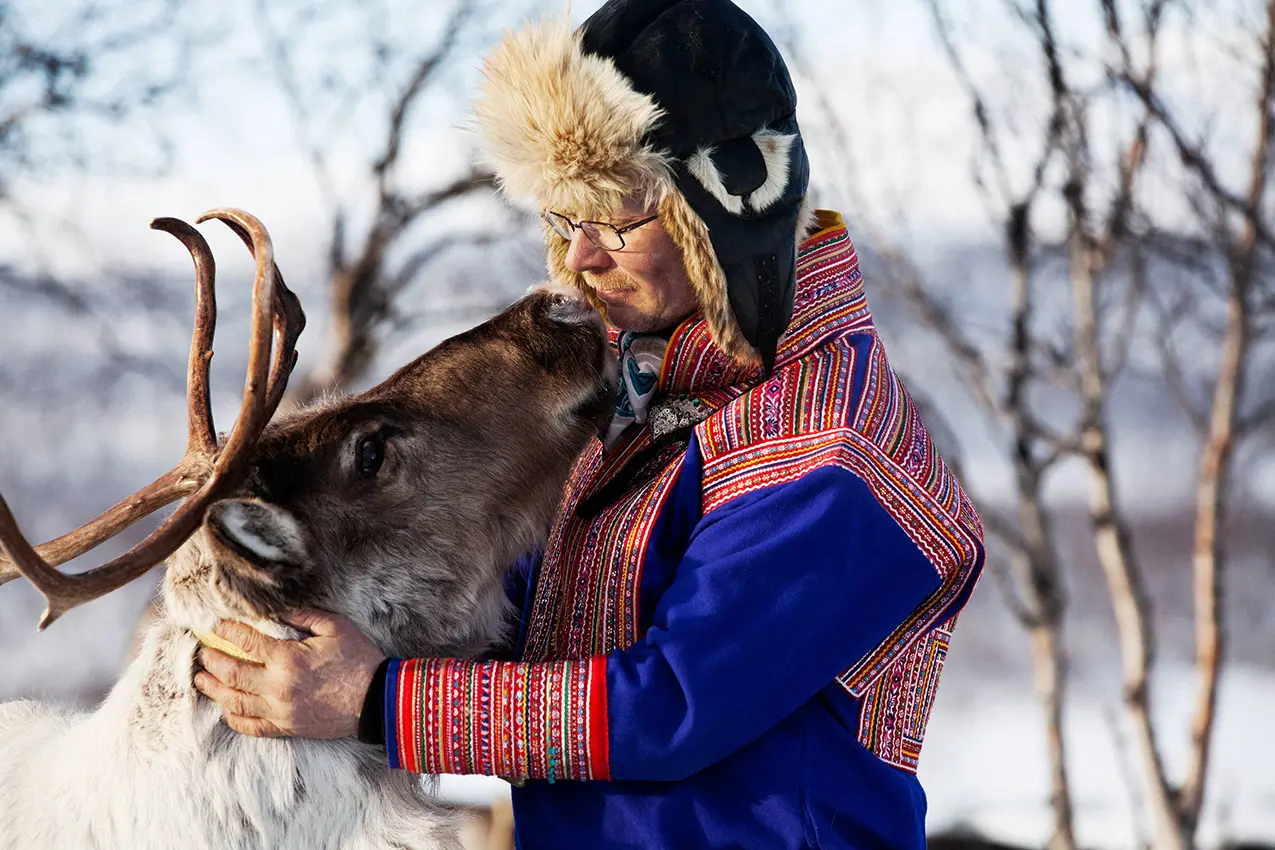 reindeer a reindeer and it's keeper. photo: Mikko Ryhänen, Visit Finland