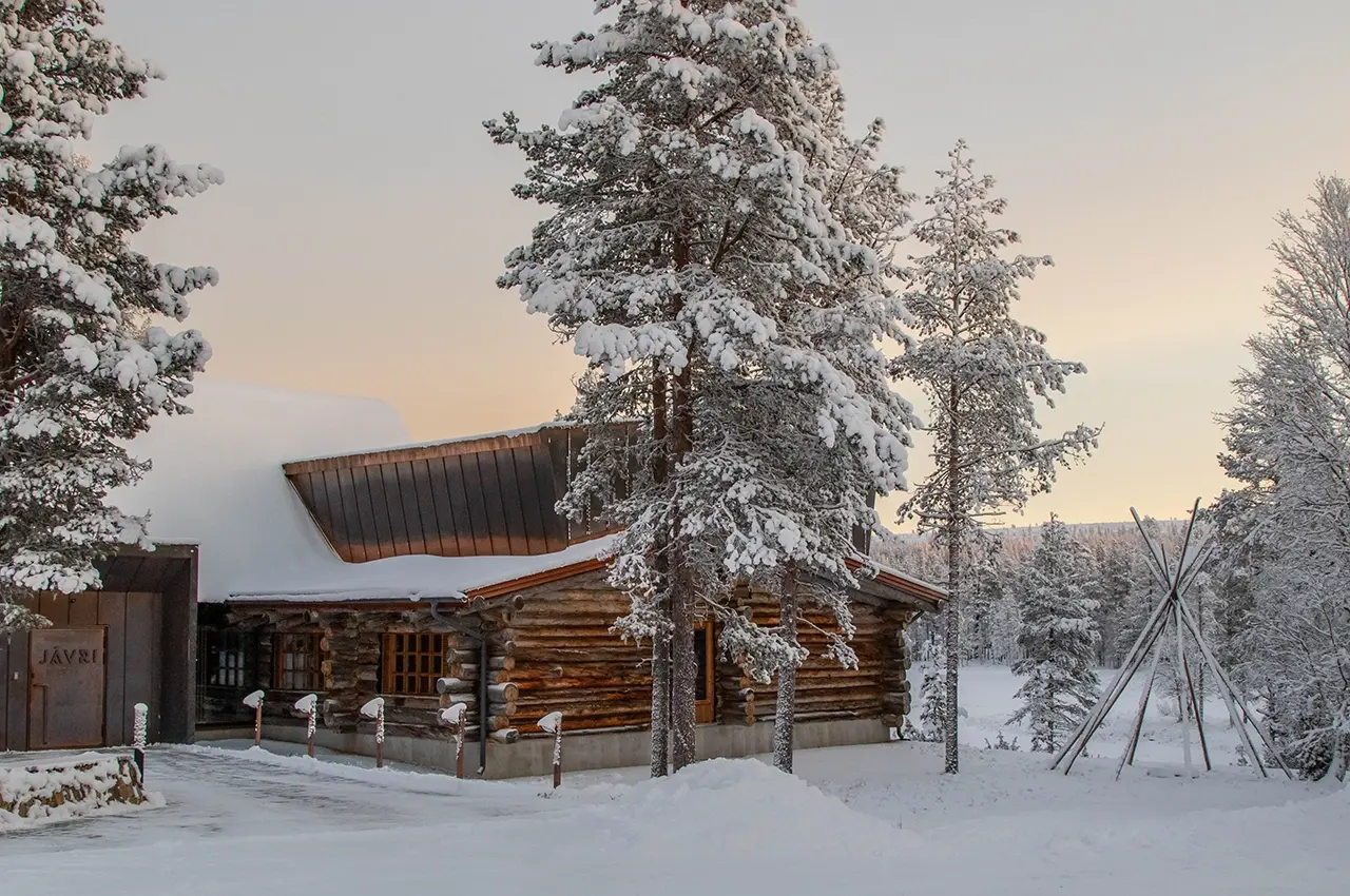 outside Javri Lodge in winter