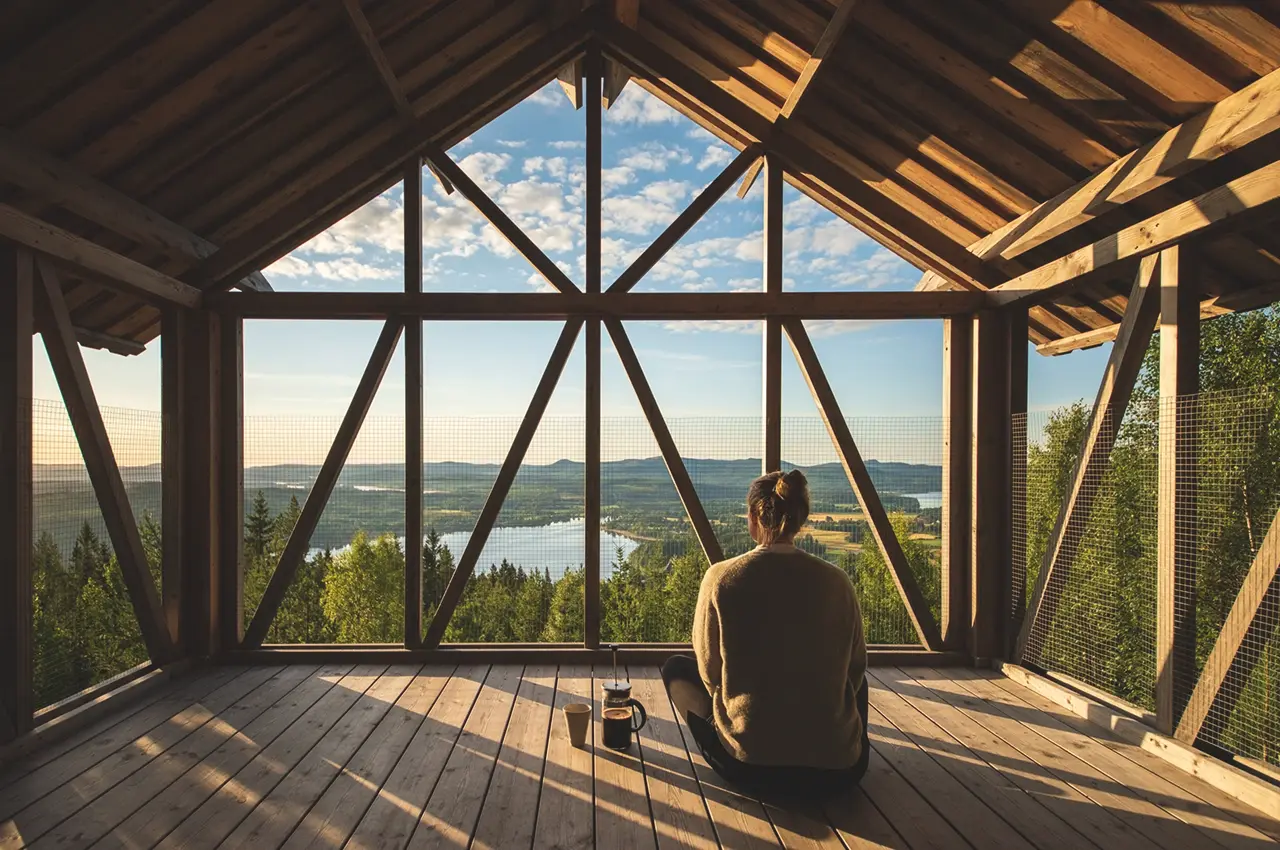 woman sitting in the loft house, at Bergaliv, looking out over the landscape