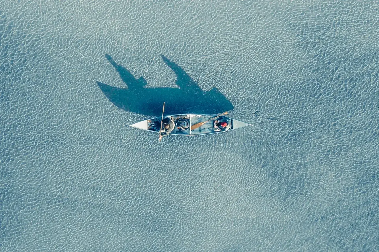 couple canoeing, seen from above