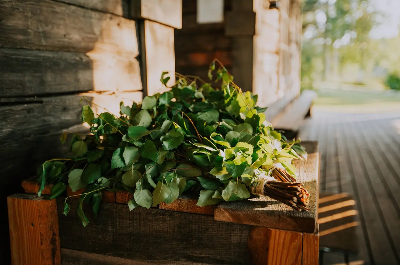wooden bench with a bunch of birch twigs on it outside the sauna